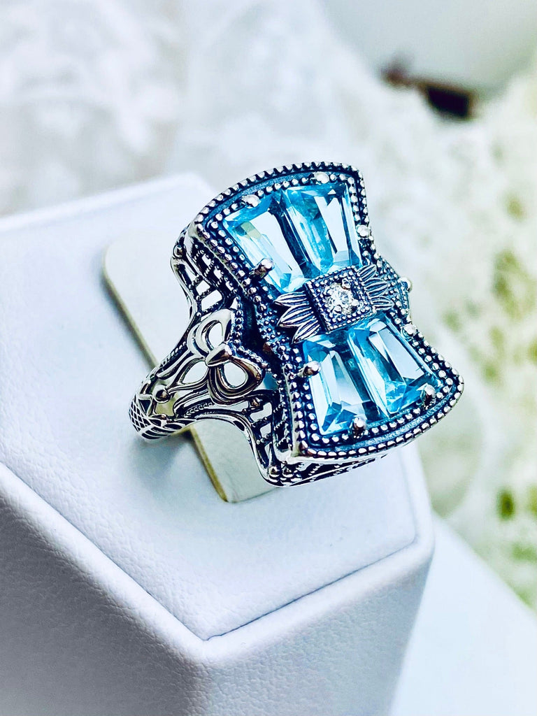 Sky Blue Aquamarine Ring, 925 Sterling Silver, Bow & Baguettes, Sterling Silver Filigree, Vintage Jewelry, Versailles Design, Silver Embrace Jewelry, D595