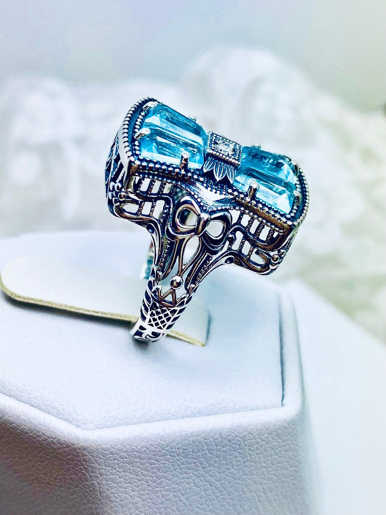 Sky Blue Aquamarine Ring, 925 Sterling Silver, Bow & Baguettes, Sterling Silver Filigree, Vintage Jewelry, Versailles Design, Silver Embrace Jewelry, D595