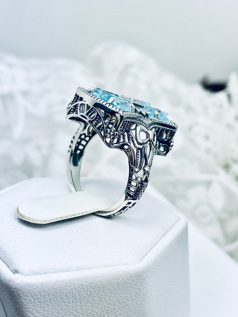 Sky Blue Aquamarine Ring, 925 Sterling Silver, Bow & Baguettes, Sterling Silver Filigree, Vintage Jewelry, Versailles Design, Silver Embrace Jewelry, D595