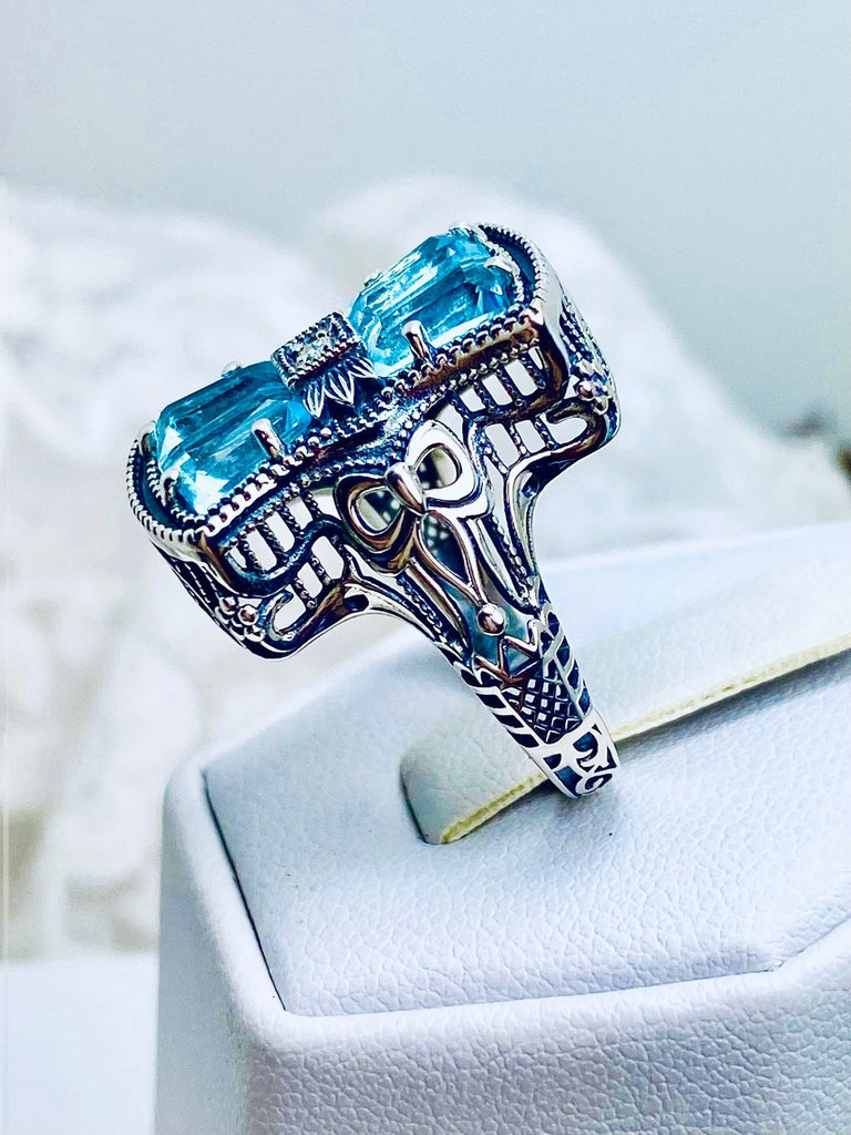 Sky Blue Aquamarine Ring, 925 Sterling Silver, Bow & Baguettes, Sterling Silver Filigree, Vintage Jewelry, Versailles Design, Silver Embrace Jewelry, D595