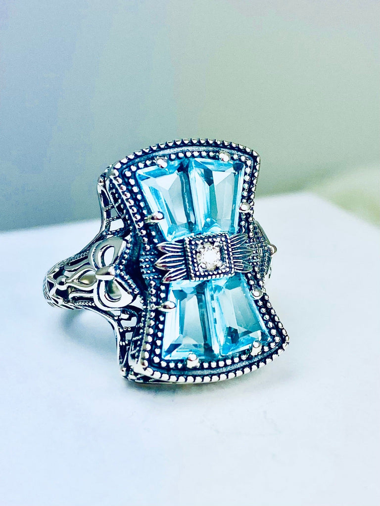 Sky Blue Aquamarine Ring, 925 Sterling Silver, Bow & Baguettes, Sterling Silver Filigree, Vintage Jewelry, Versailles Design, Silver Embrace Jewelry, D595