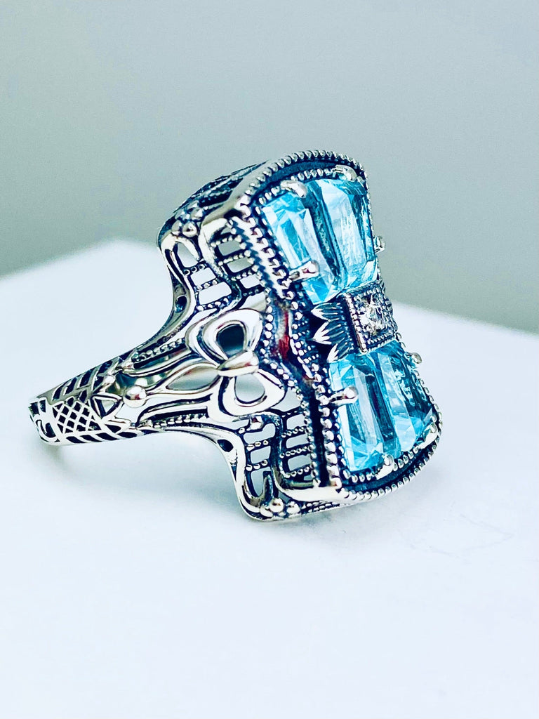 Sky Blue Aquamarine Ring, 925 Sterling Silver, Bow & Baguettes, Sterling Silver Filigree, Vintage Jewelry, Versailles Design, Silver Embrace Jewelry, D595