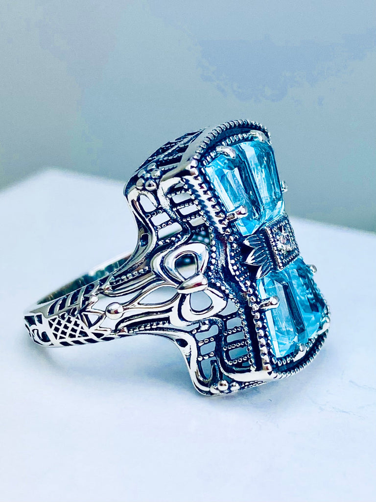 Sky Blue Aquamarine Ring, 925 Sterling Silver, Bow & Baguettes, Sterling Silver Filigree, Vintage Jewelry, Versailles Design, Silver Embrace Jewelry, D595