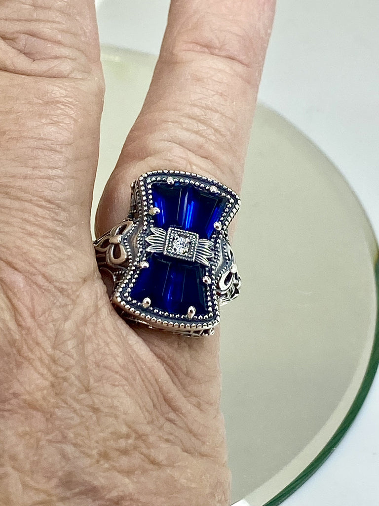 Blue Sapphire Ring, Versailles vintage Filigree, Sterling Silver, Bow & Baguette Ring, Vintage Jewelry, D595, Silver Embrace Jewelry