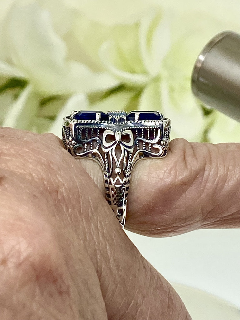 Blue Sapphire Ring, Versailles vintage Filigree, Sterling Silver, Bow & Baguette Ring, Vintage Jewelry, D595, Silver Embrace Jewelry