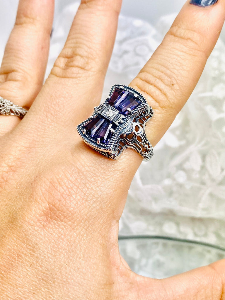 Purple Amethyst Ring, 925 Sterling Silver, Bow & Baguettes, Sterling Silver Filigree, Vintage Jewelry, Versailles Design, Silver Embrace Jewelry, D595