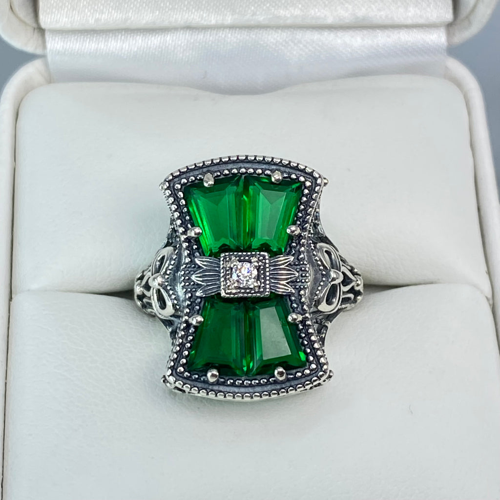 Green Emerald Ring, 925 Sterling Silver, Bow & Baguettes, Sterling Silver Filigree, Vintage Jewelry, Versailles Design, Silver Embrace Jewelry, D595