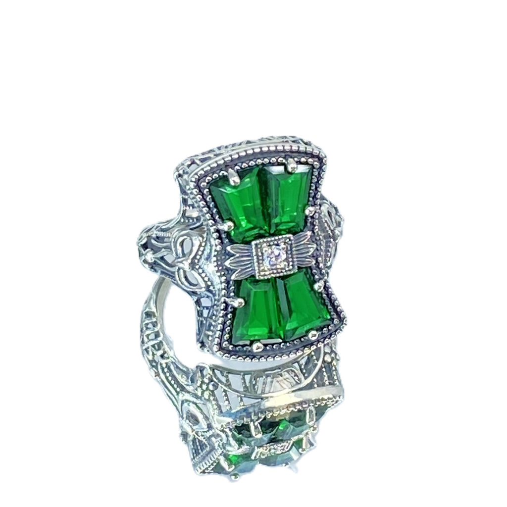 Green Emerald Ring, 925 Sterling Silver, Bow & Baguettes, Sterling Silver Filigree, Vintage Jewelry, Versailles Design, Silver Embrace Jewelry, D595