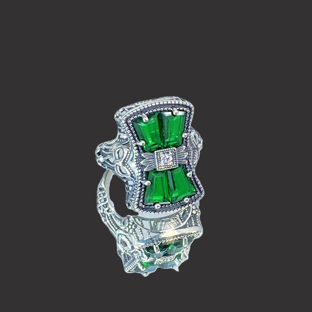 Green Emerald Ring, 925 Sterling Silver, Bow & Baguettes, Sterling Silver Filigree, Vintage Jewelry, Versailles Design, Silver Embrace Jewelry, D595