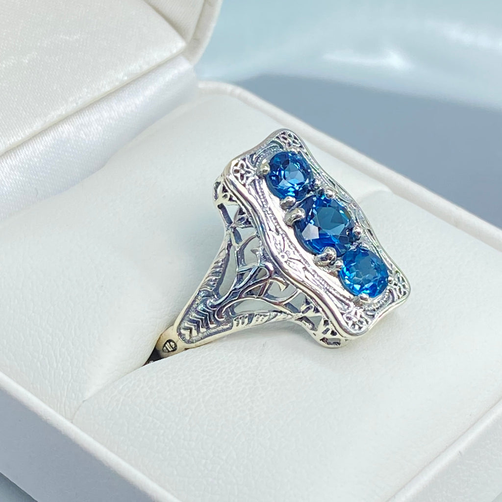 Natural London Blue Topaz Ring, 3 round gems set in a rectangle design, Vintage style sterling silver filigree, D60 Three stone rectangle, Trinity ring