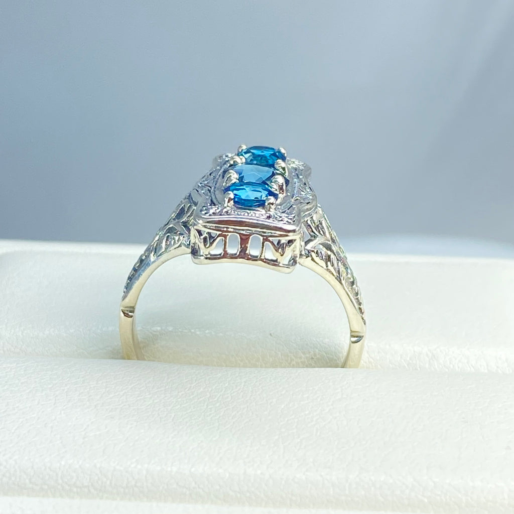 Natural London Blue Topaz Ring, 3 round gems set in a rectangle design, Vintage style sterling silver filigree, D60 Three stone rectangle, Trinity ring