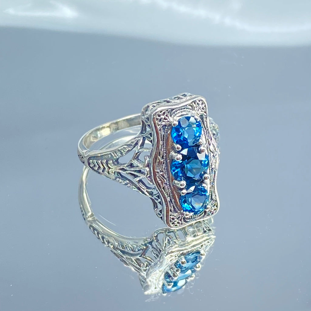 Natural London Blue Topaz Ring, 3 round gems set in a rectangle design, Vintage style sterling silver filigree, D60 Three stone rectangle, Trinity ring