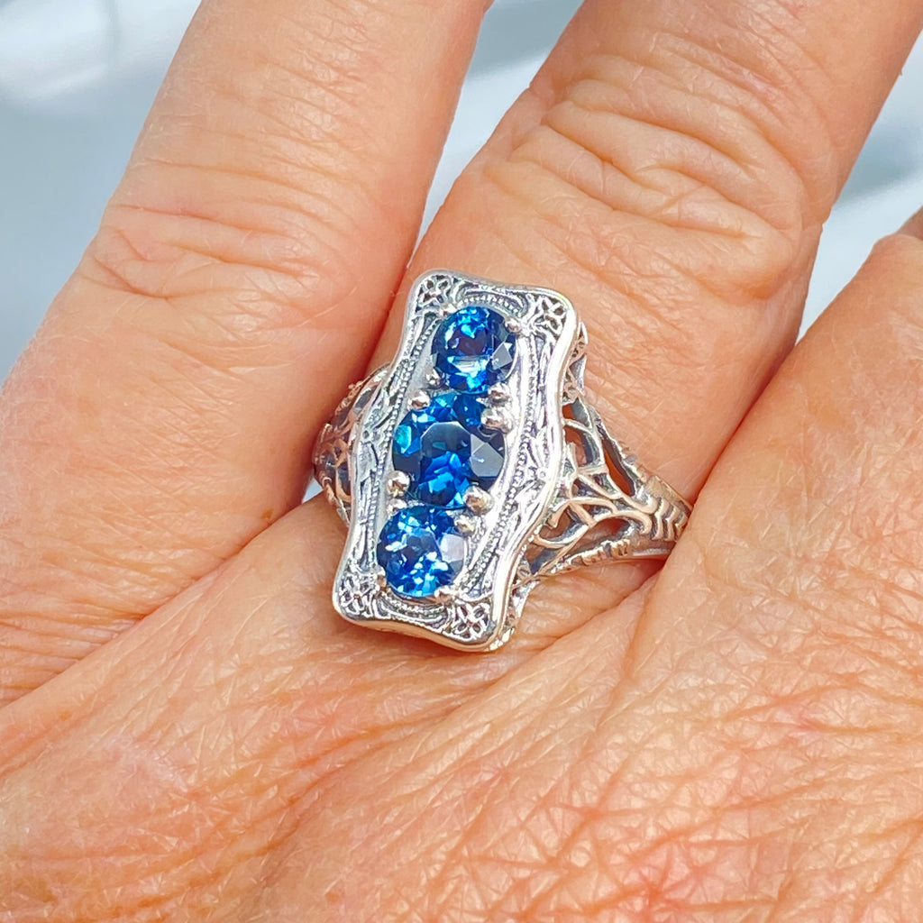 Natural London Blue Topaz Ring, 3 round gems set in a rectangle design, Vintage style sterling silver filigree, D60 Three stone rectangle, Trinity ring