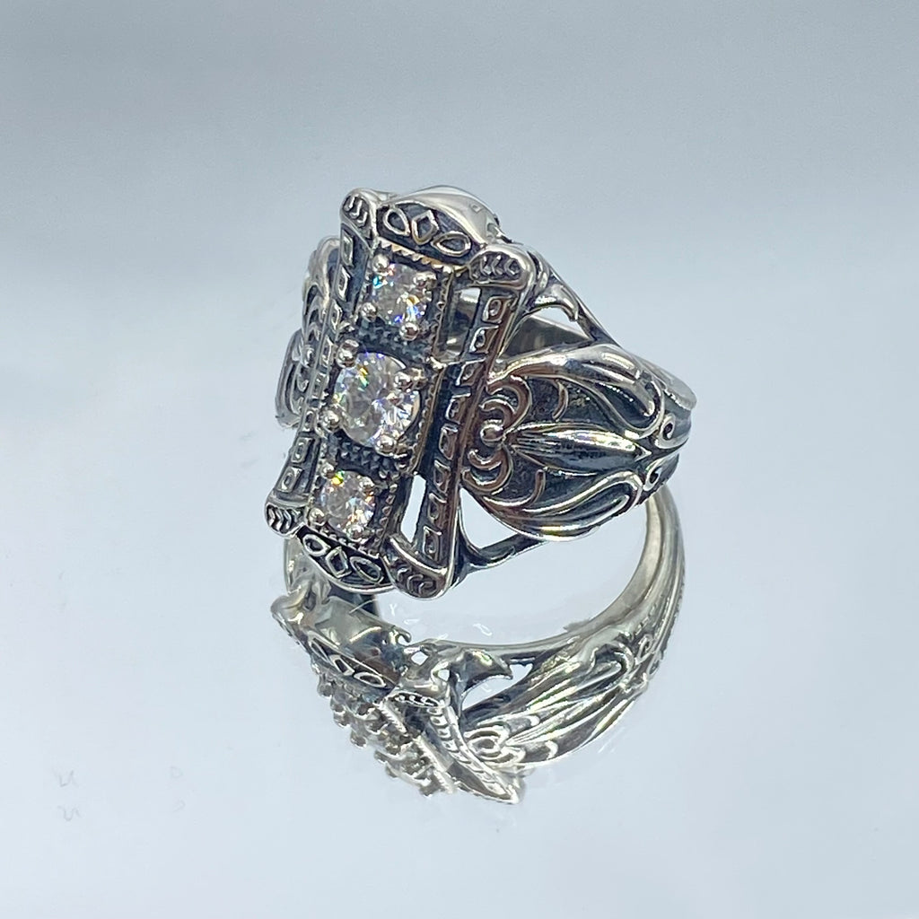 3 stone Moissanite Ring, Victorian Sterling silver Ring, 3 stone Beast, D63, Silver Embrace Jewelry with intricate silver filigree