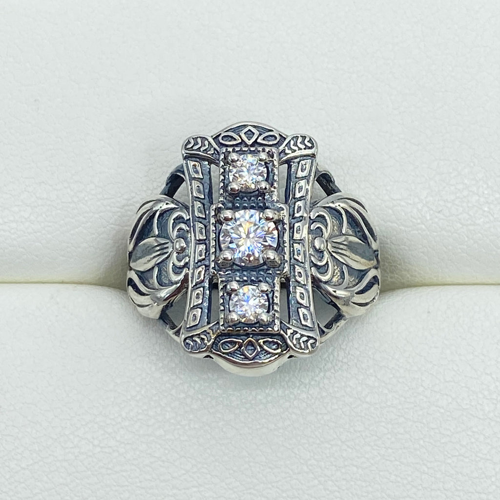 3 stone Moissanite Ring, Victorian Sterling silver Ring, 3 stone Beast, D63, Silver Embrace Jewelry with intricate silver filigree