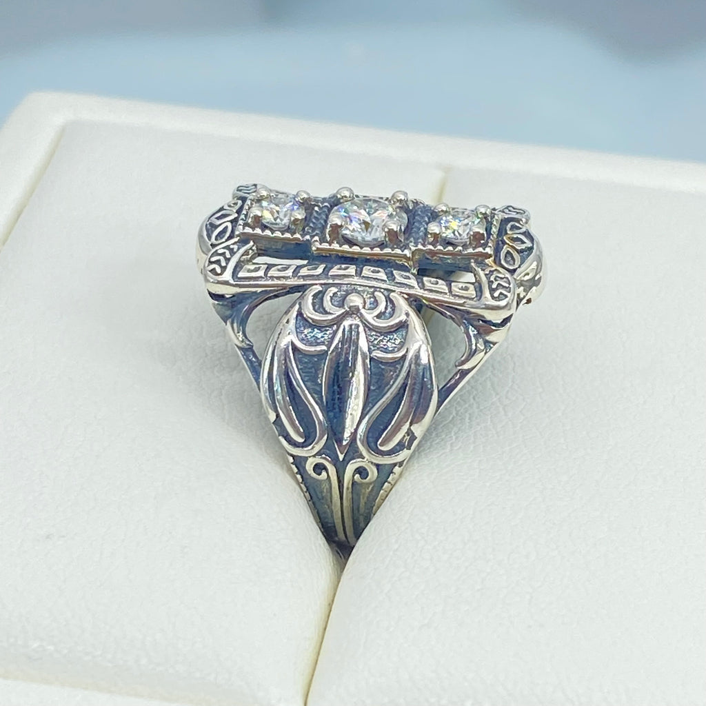 3 stone Moissanite Ring, Victorian Sterling silver Ring, 3 stone Beast, D63, Silver Embrace Jewelry with intricate silver filigree