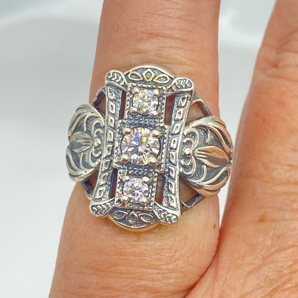 3 stone Moissanite Ring, Victorian Sterling silver Ring, 3 stone Beast, D63, Silver Embrace Jewelry with intricate silver filigree