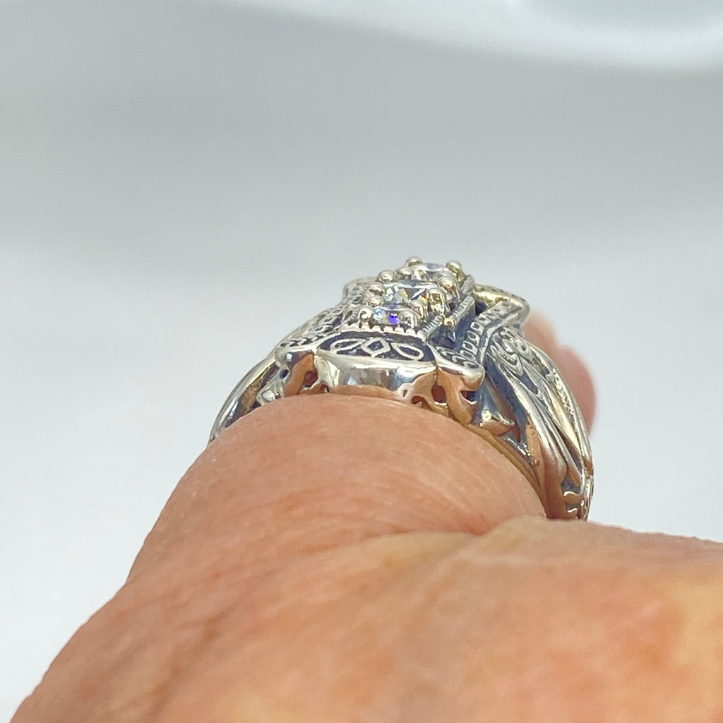 3 stone Moissanite Ring, Victorian Sterling silver Ring, 3 stone Beast, D63, Silver Embrace Jewelry with intricate silver filigree