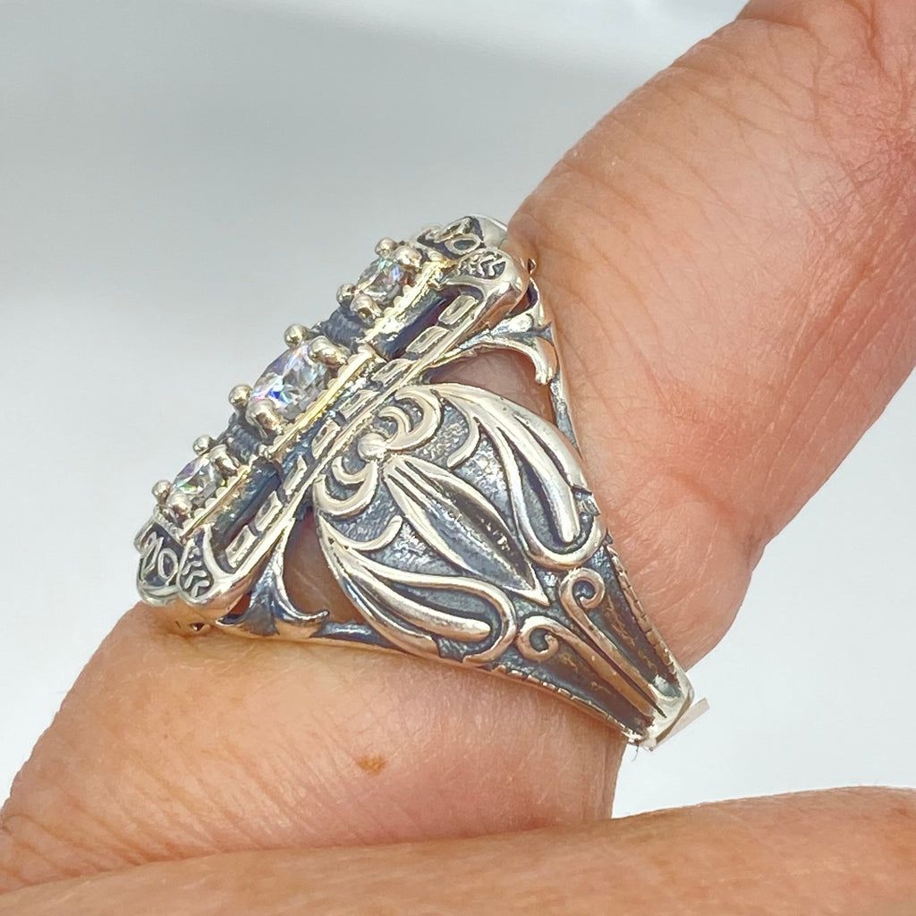 3 stone Moissanite Ring, Victorian Sterling silver Ring, 3 stone Beast, D63, Silver Embrace Jewelry with intricate silver filigree