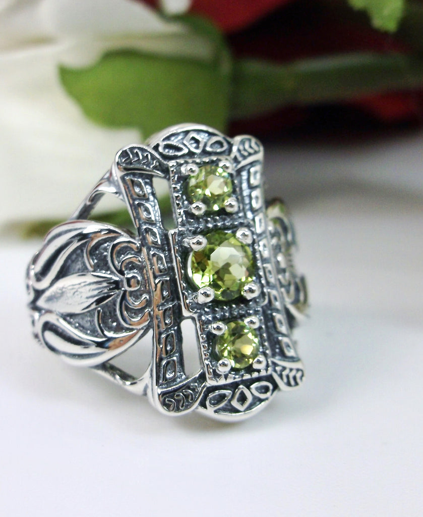 Natural Peridot Ring, Triple Green gem, Sterling Silver Filigree, Edwardian style, 3 Stone Beast, D63, Silver embrace Jewelry