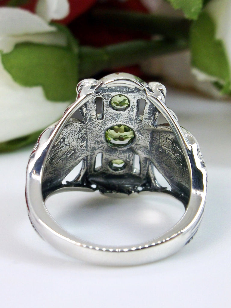 Natural Peridot Ring, Triple Green gem, Sterling Silver Filigree, Edwardian style, 3 Stone Beast, D63, Silver embrace Jewelry