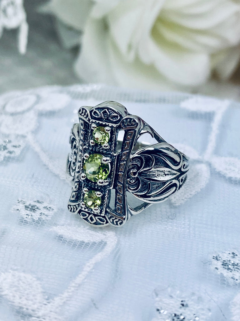 Natural Peridot Ring, Triple Green gem, Sterling Silver Filigree, Edwardian style, 3 Stone Beast, D63, Silver embrace Jewelry