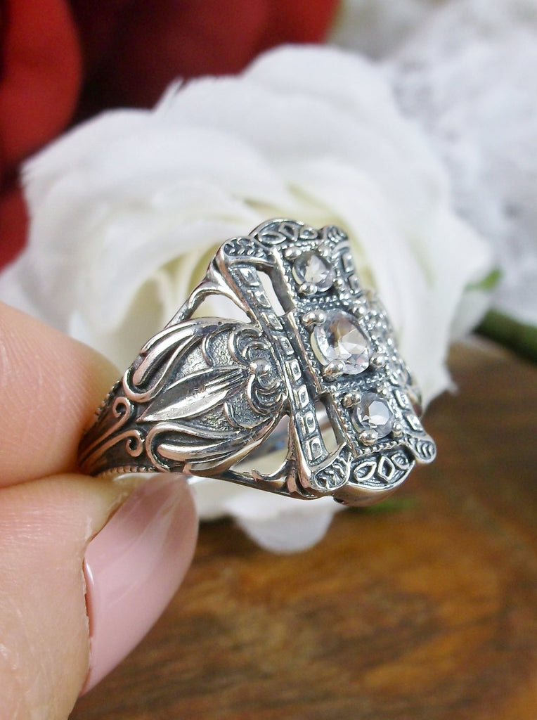 Natural White Topaz Ring, 3 gems, Sterling Silver Filigree, Edwardian Style, Silver embrace Jewelry, D63