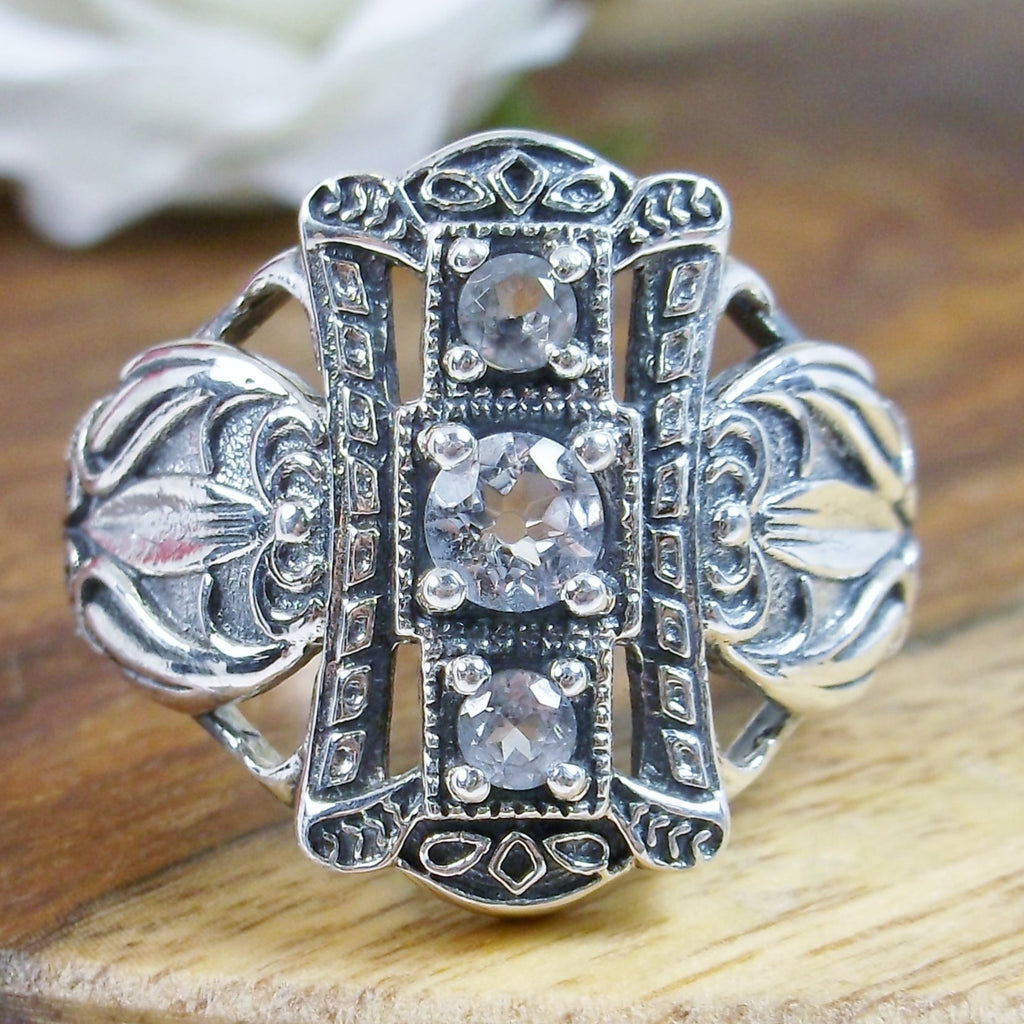 Natural White Topaz Ring, 3 gems, Sterling Silver Filigree, Edwardian Style, Silver embrace Jewelry, D63