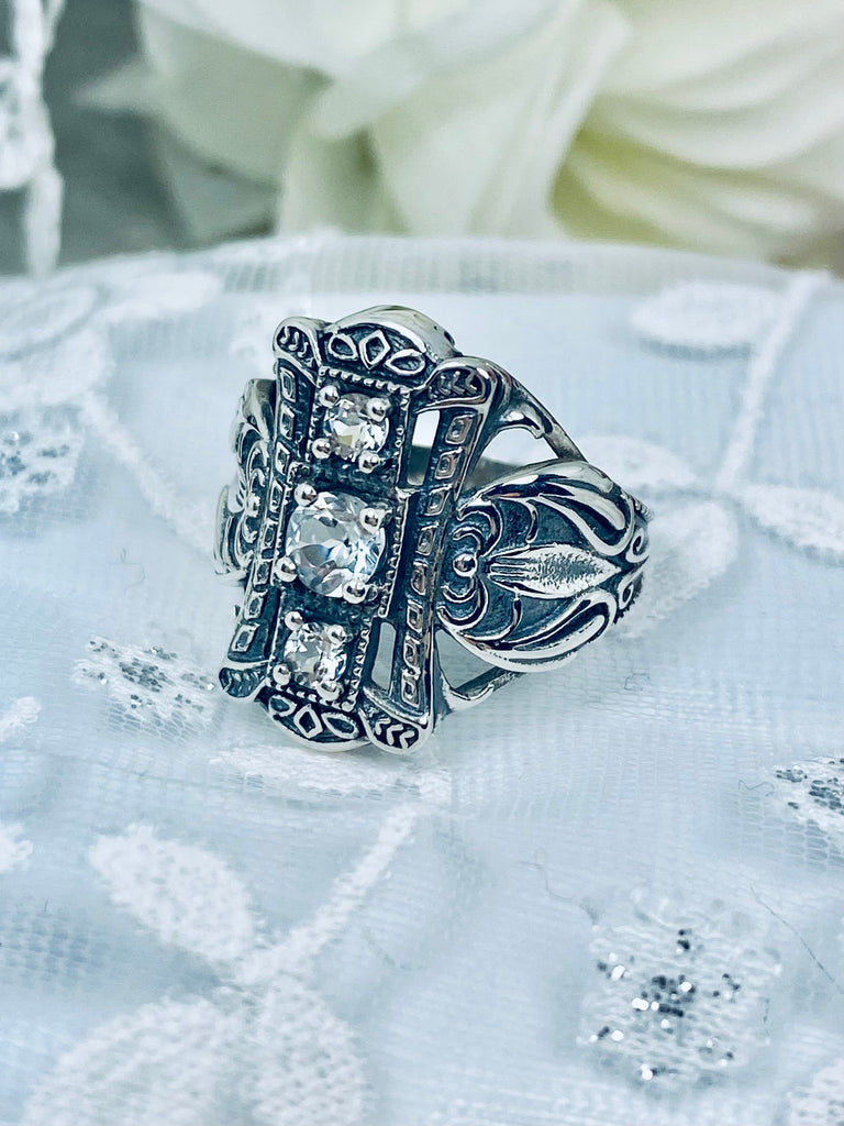 Natural White Topaz Ring, 3 gems, Sterling Silver Filigree, Edwardian Style, Silver embrace Jewelry, D63