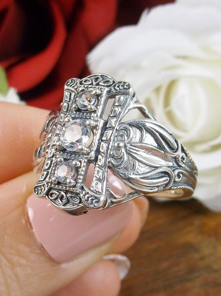 Natural White Topaz Ring, 3 gems, Sterling Silver Filigree, Edwardian Style, Silver embrace Jewelry, D63