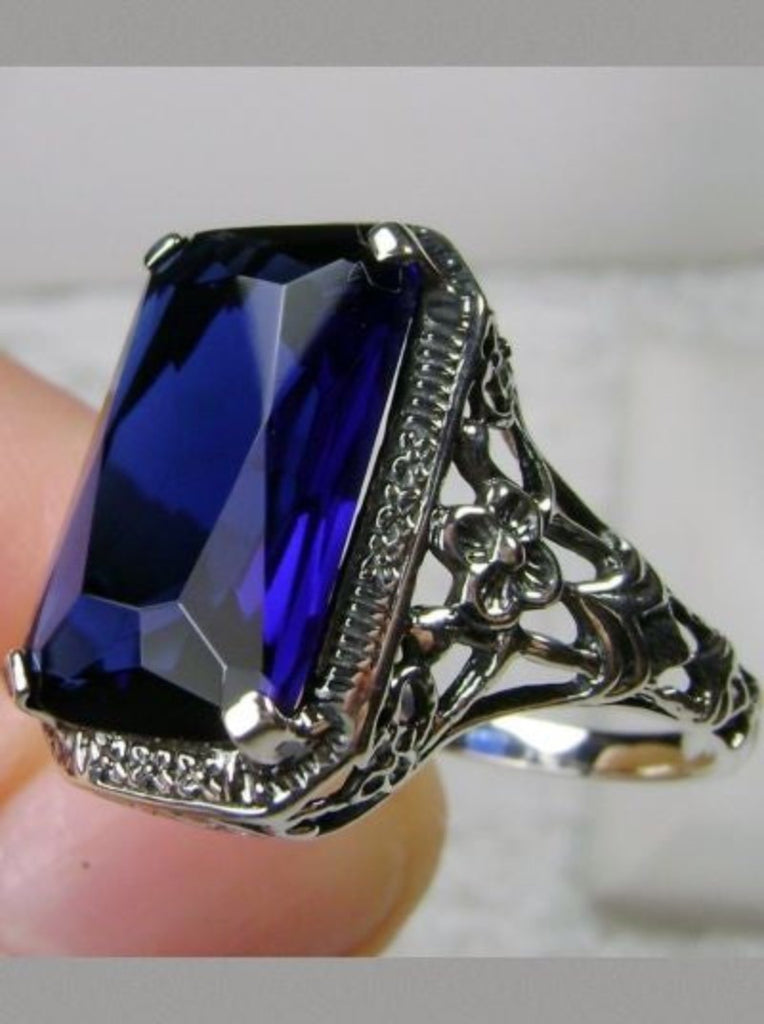 Blue Sapphire Ring, Rectangle Cushion Cut gemstone, Sterling Silver Filigree, Victorian Vintage Floral Jewelry, Silver Embrace Jewelry, D64