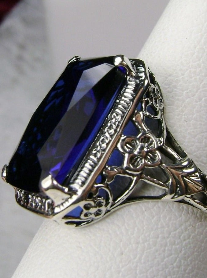Blue Sapphire Ring, Rectangle Cushion Cut gemstone, Sterling Silver Filigree, Victorian Vintage Floral Jewelry, Silver Embrace Jewelry, D64