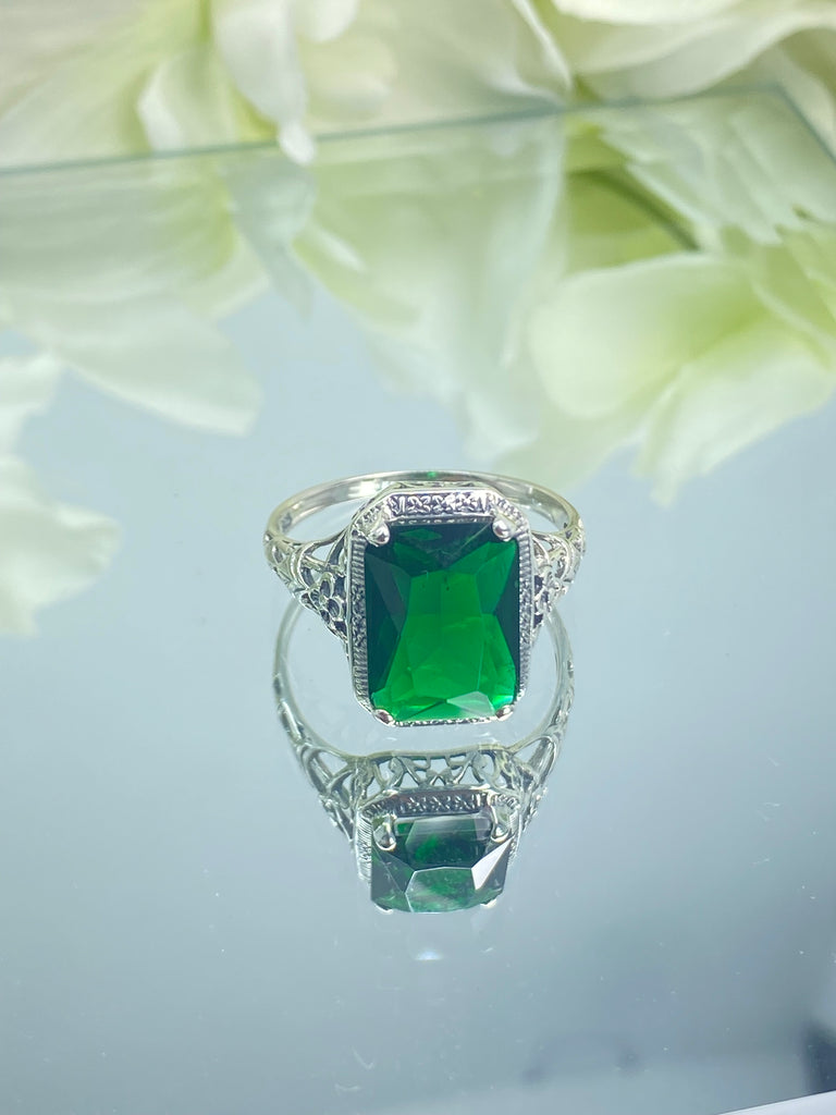 Green Emerald Ring, Rectangle Cushion Cut gemstone, Sterling Silver Filigree, Victorian Vintage Floral Jewelry, Silver Embrace Jewelry, D64, AAR Ring