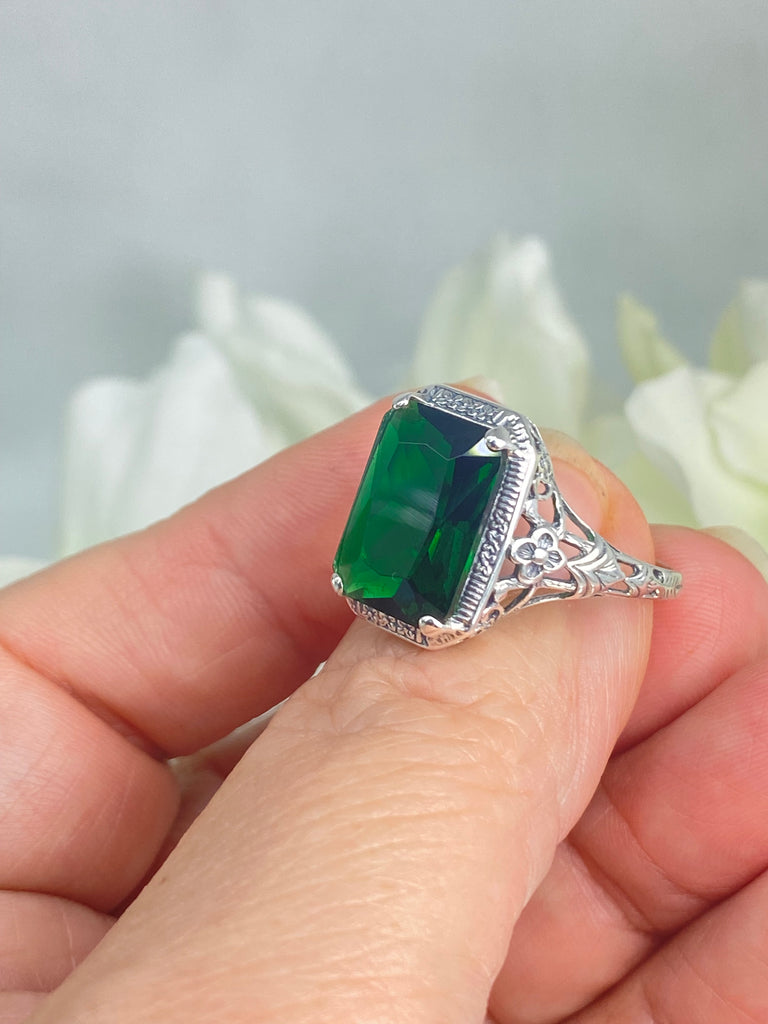 Green Emerald Ring, Rectangle Cushion Cut gemstone, Sterling Silver Filigree, Victorian Vintage Floral Jewelry, Silver Embrace Jewelry, D64, AAR Ring
