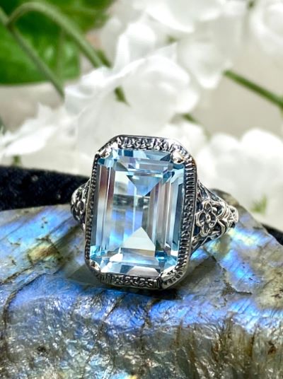 Natural Blue Topaz Ring, Rectangle Cushion Cut gemstone, Sterling Silver Filigree, Victorian Vintage Floral Jewelry, Silver Embrace Jewelry, D64