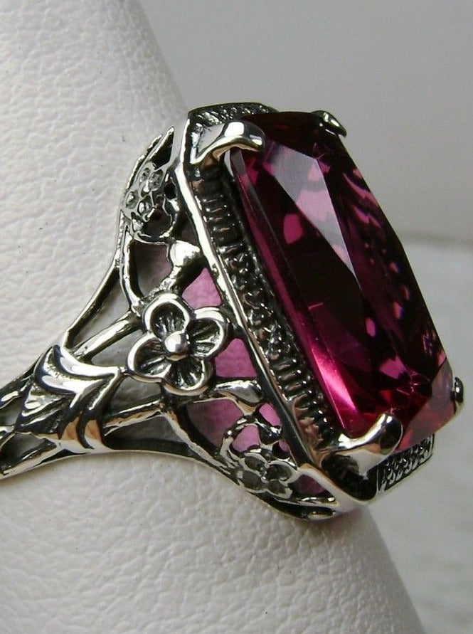 Simulated Red Ruby Ring, Rectangle Cushion Cut gemstone, Sterling Silver Filigree, Victorian Vintage Floral Jewelry, Silver Embrace Jewelry, D64