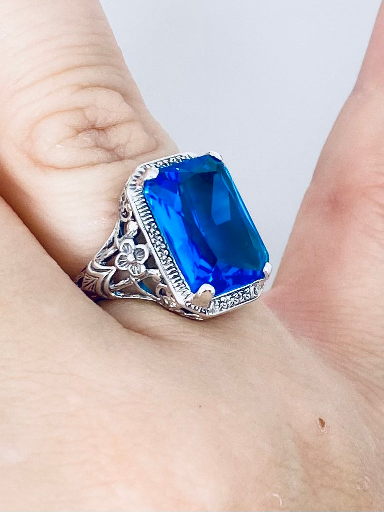 Swiss Blue Topaz ring, Cushion Cut Rectangle Gemstone, Vintage Style art nouveau jewelry, Sterling silver Filigree, Silver Embrace Jewelry, D64 AAR