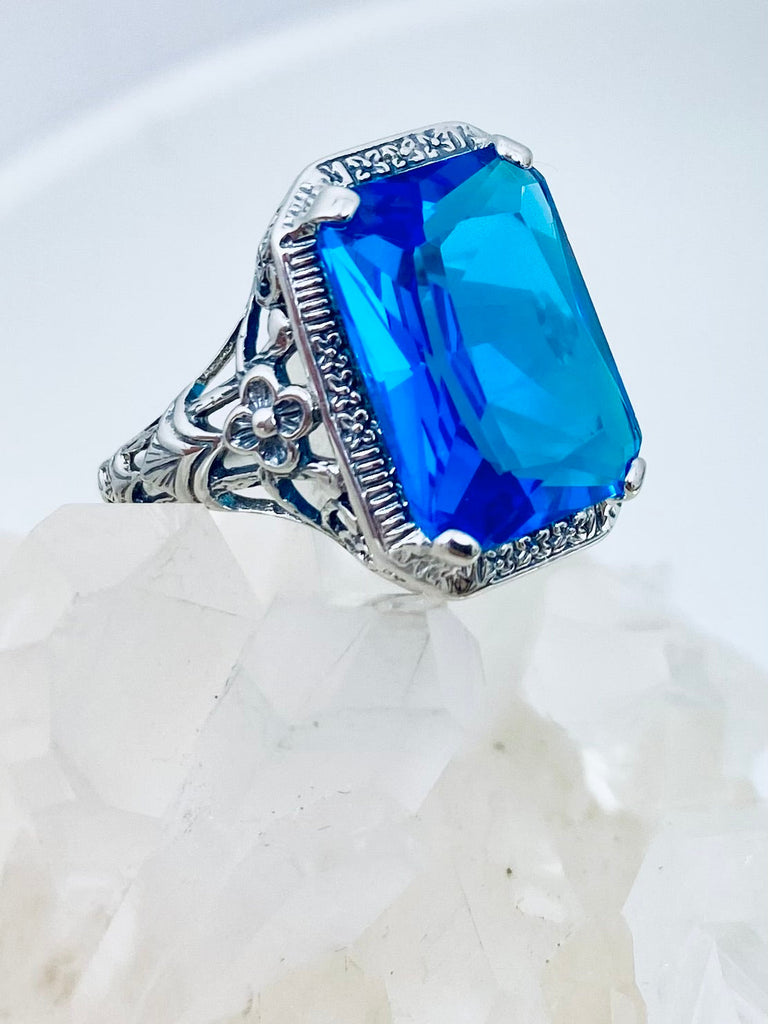 Swiss Blue Topaz ring, Cushion Cut Rectangle Gemstone, Vintage Style art nouveau jewelry, Sterling silver Filigree, Silver Embrace Jewelry, D64 AAR