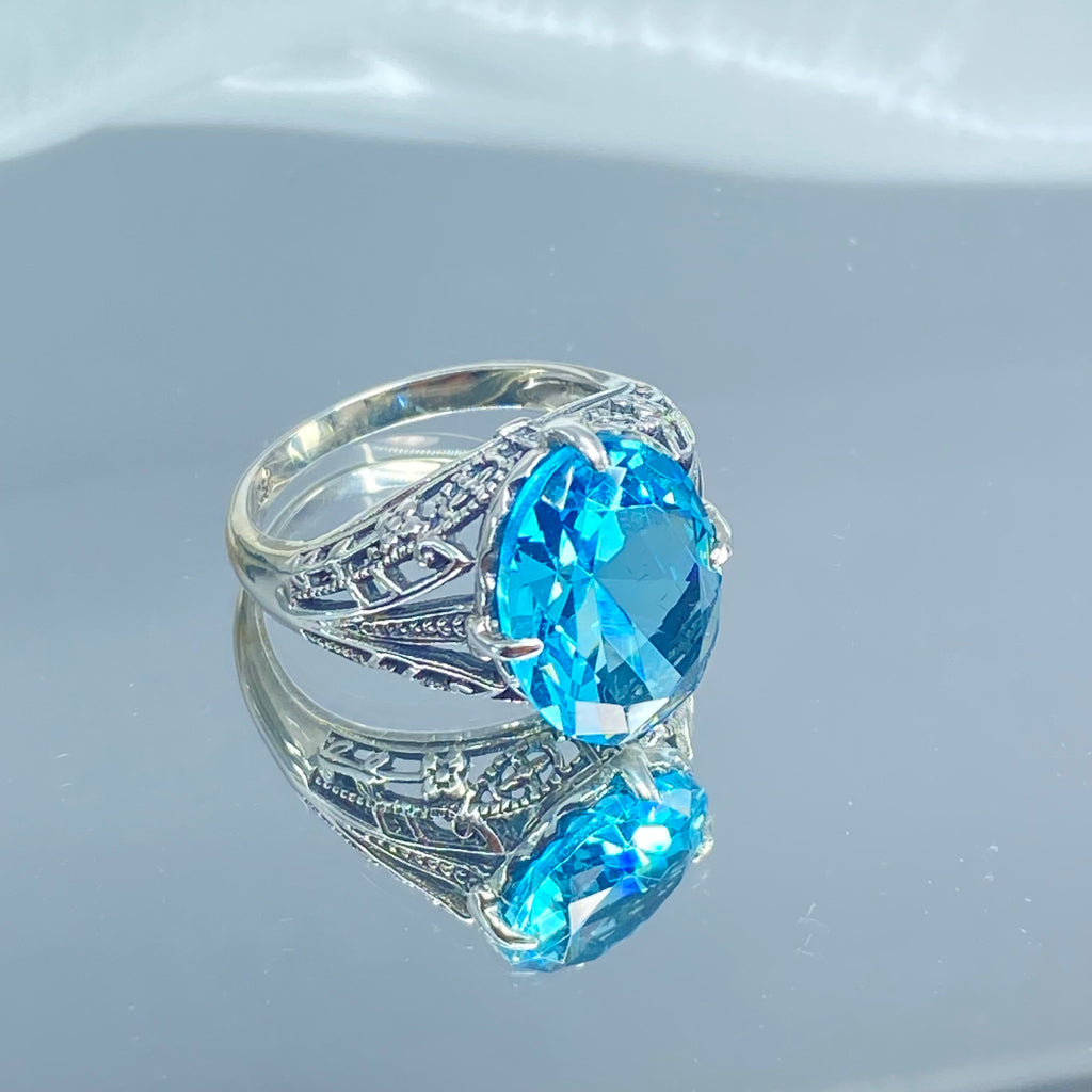 Oval Aquamarine Ring, Antique Victorian Style, D65, Sterling Silver Filigree, Silver Embrace Jewelry