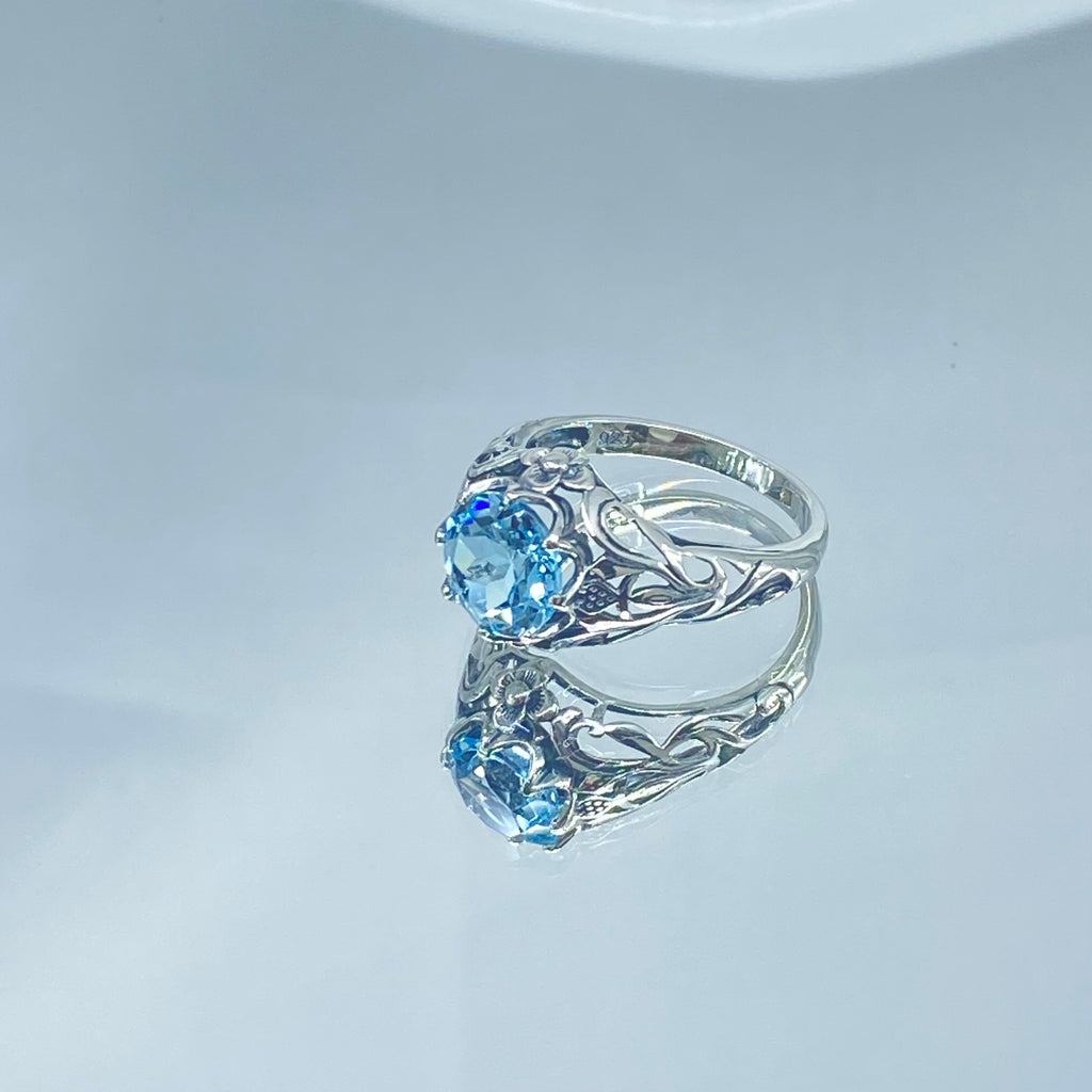 Natural blue topaz ring, sterling silver filigree, daisy design #D66; Silver Embrace Jewelry, Daisy Ring