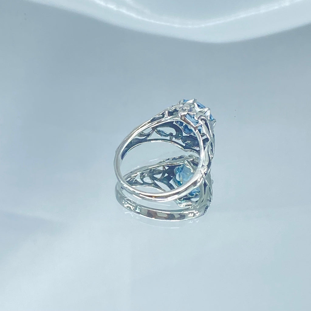 Natural blue topaz ring, sterling silver filigree, daisy design #D66; Silver Embrace Jewelry, Daisy Ring