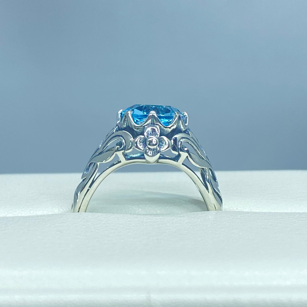 Natural blue topaz ring, sterling silver filigree, daisy design #D66; Silver Embrace Jewelry, Daisy Ring