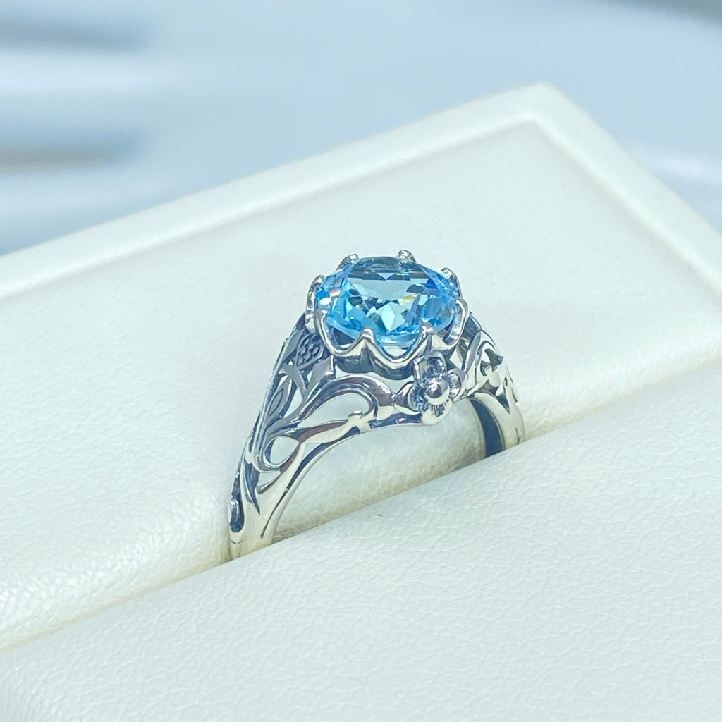 Natural blue topaz ring, sterling silver filigree, daisy design #D66; Silver Embrace Jewelry, Daisy Ring