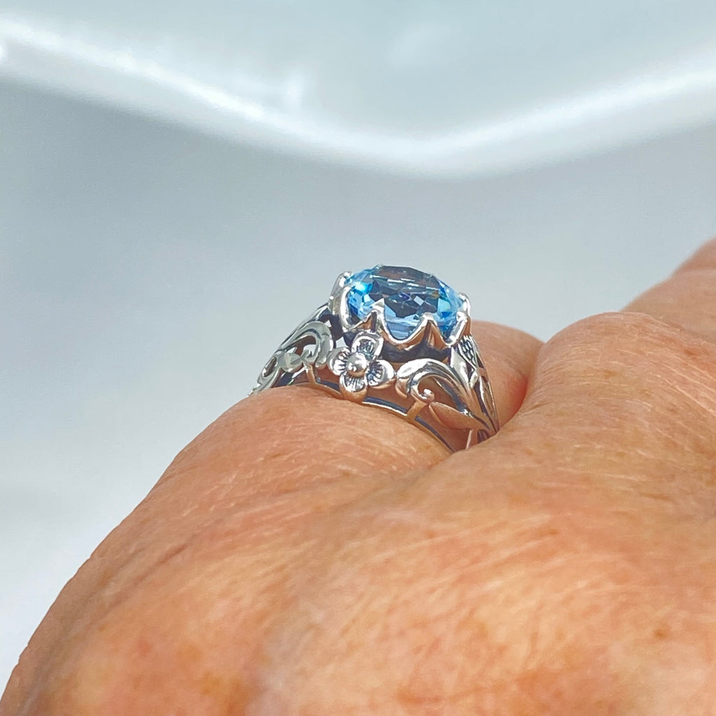 Natural blue topaz ring, sterling silver filigree, daisy design #D66; Silver Embrace Jewelry, Daisy Ring