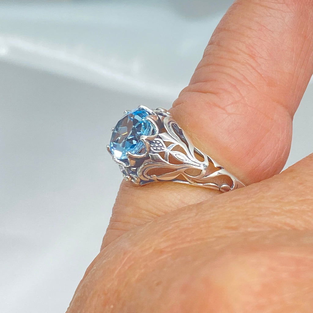 Natural blue topaz ring, sterling silver filigree, daisy design #D66; Silver Embrace Jewelry, Daisy Ring