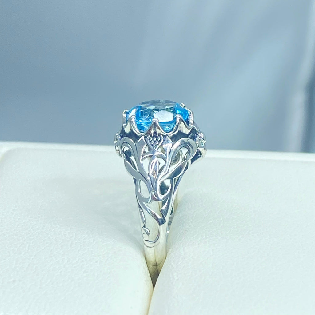 Natural blue topaz ring, sterling silver filigree, daisy design #D66; Silver Embrace Jewelry, Daisy Ring