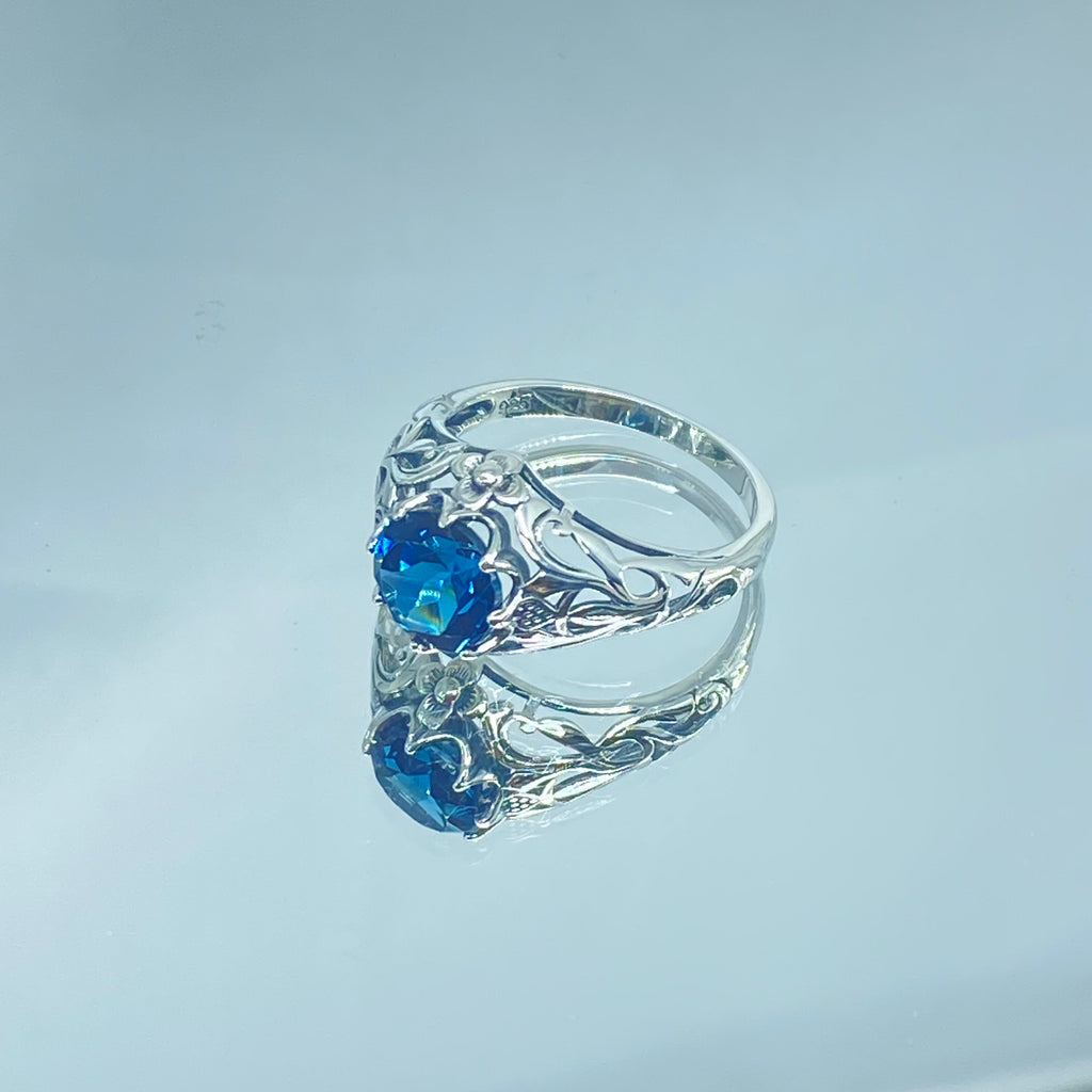 Natural London Blue Topaz Ring, Daisy style, Sterling Silver Filigree, Vintage Antique Jewelry, Silver Embrace Jewelry, D66