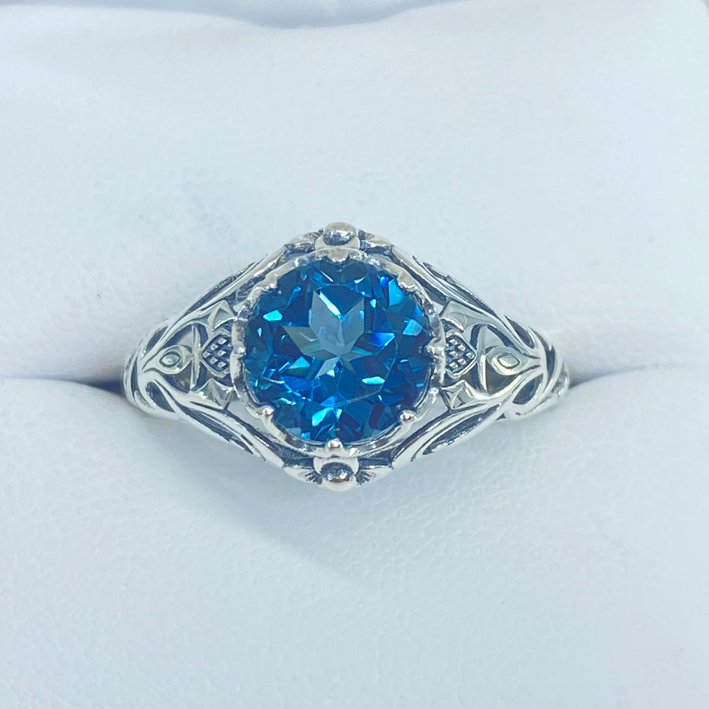 Natural London Blue Topaz Ring, Daisy style, Sterling Silver Filigree, Vintage Antique Jewelry, Silver Embrace Jewelry, D66