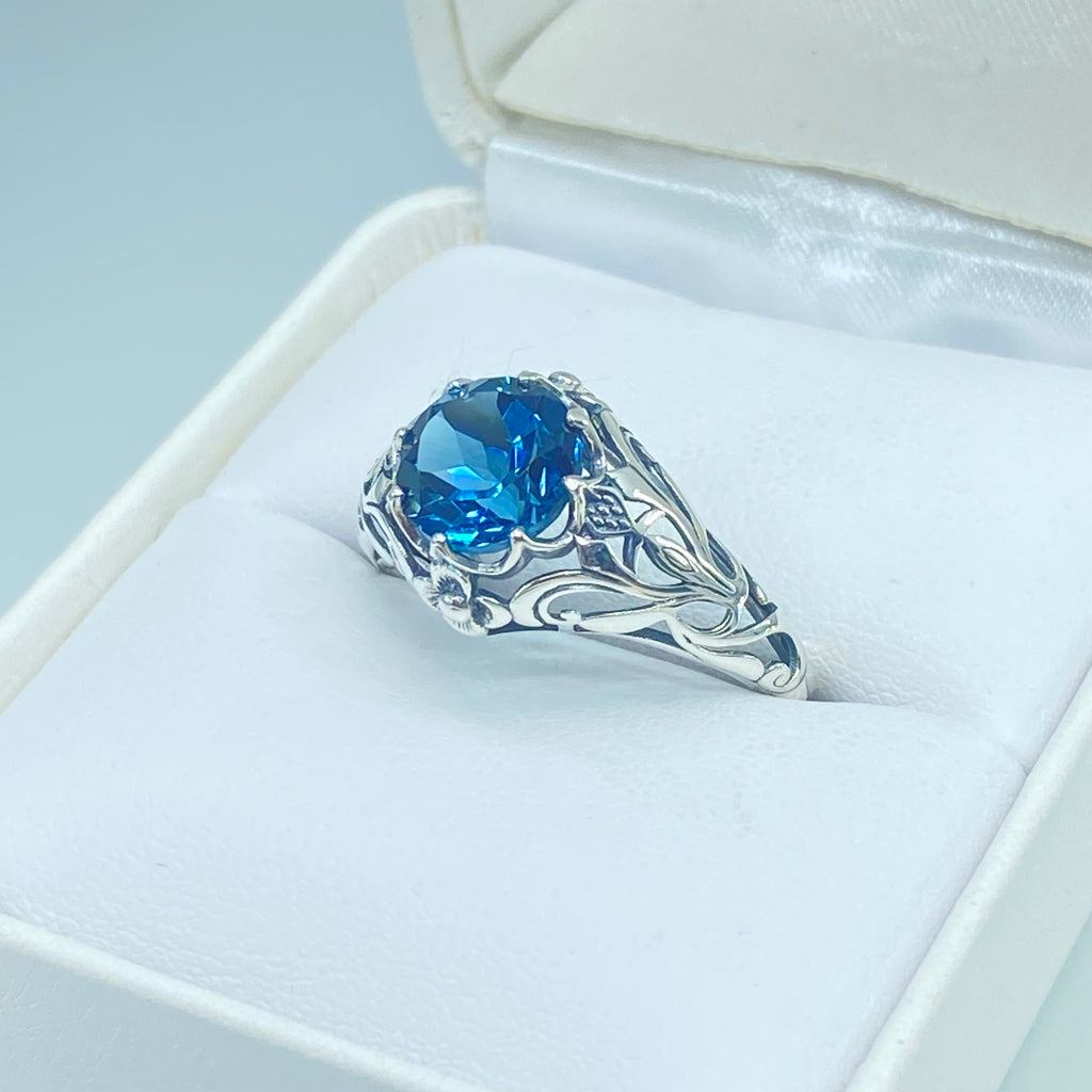 Natural London Blue Topaz Ring, Daisy style, Sterling Silver Filigree, Vintage Antique Jewelry, Silver Embrace Jewelry, D66