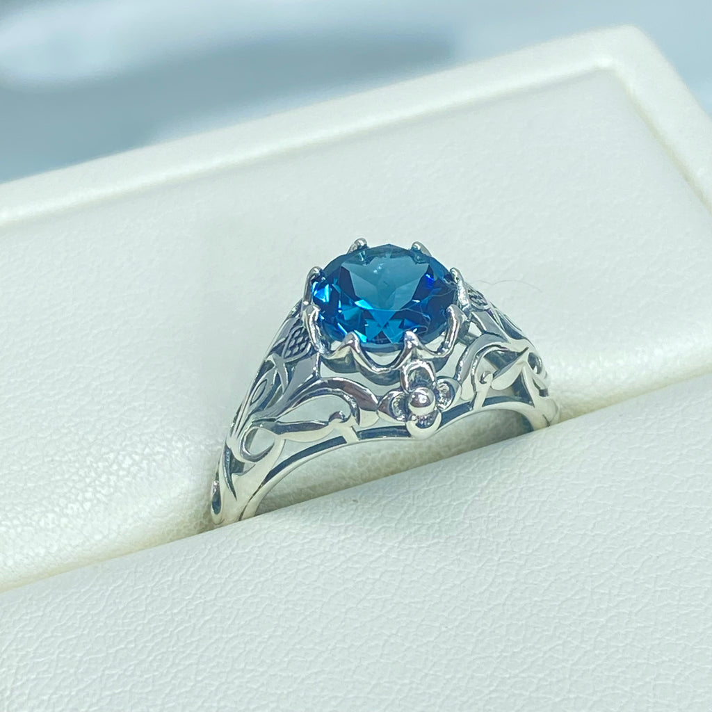 Natural London Blue Topaz Ring, Daisy style, Sterling Silver Filigree, Vintage Antique Jewelry, Silver Embrace Jewelry, D66